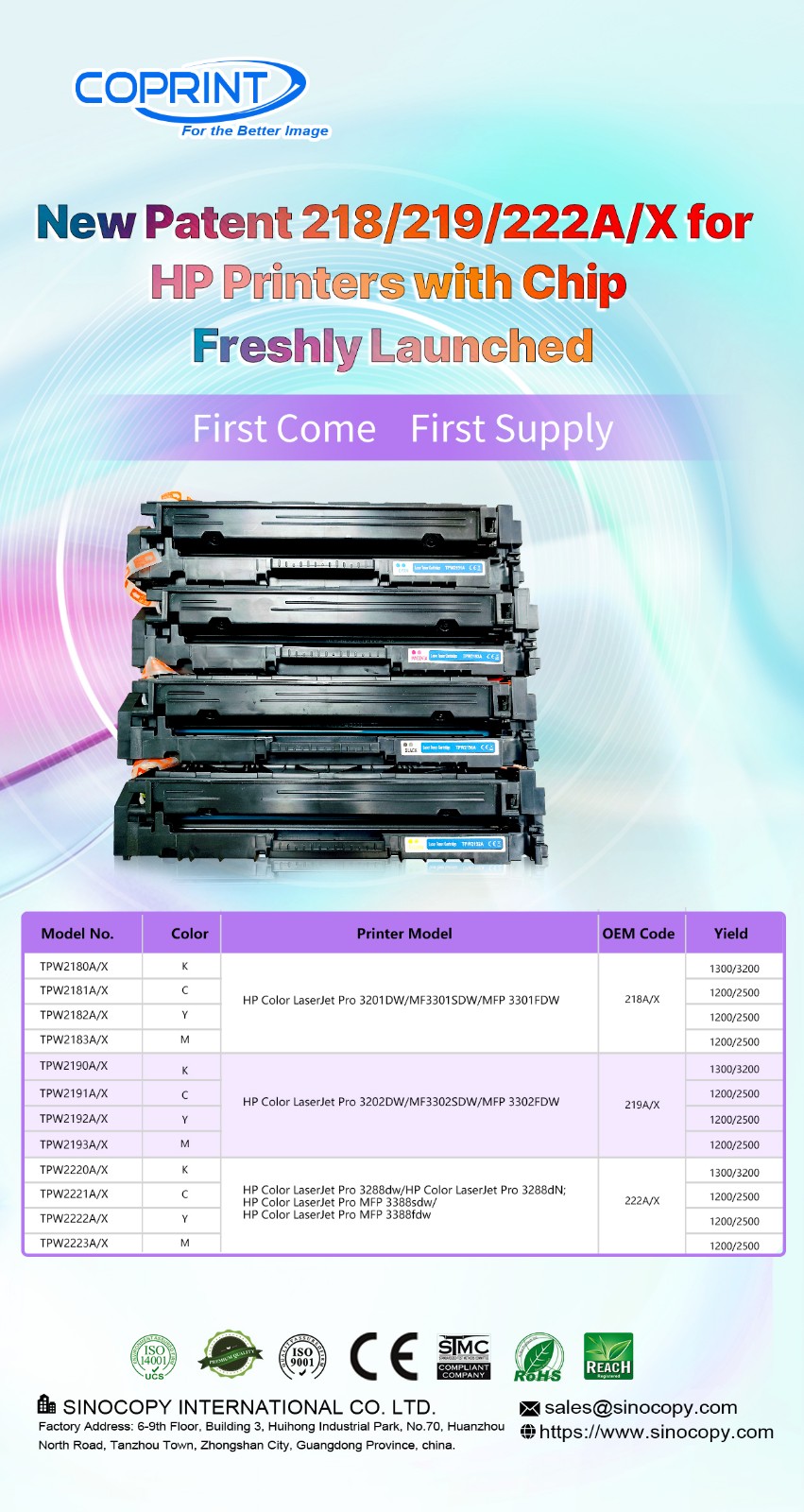 New Patent 218/219/222A/X for HP Printers with Chip Freshly Launched